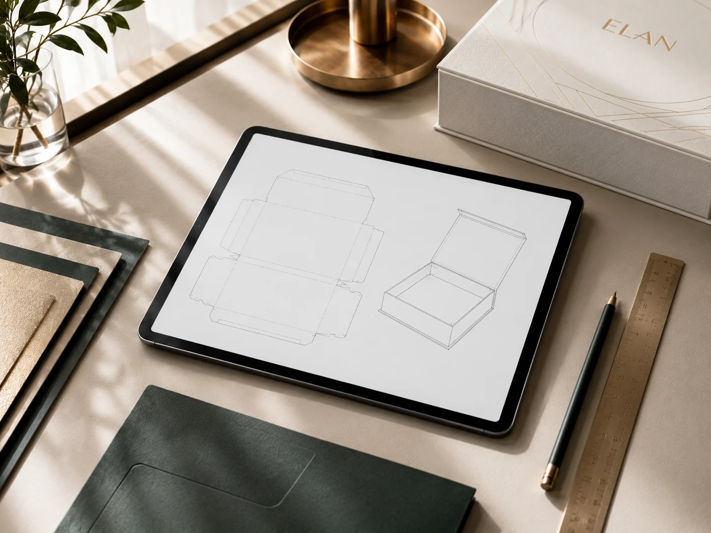 Packaging design desk with dieline and material samples
