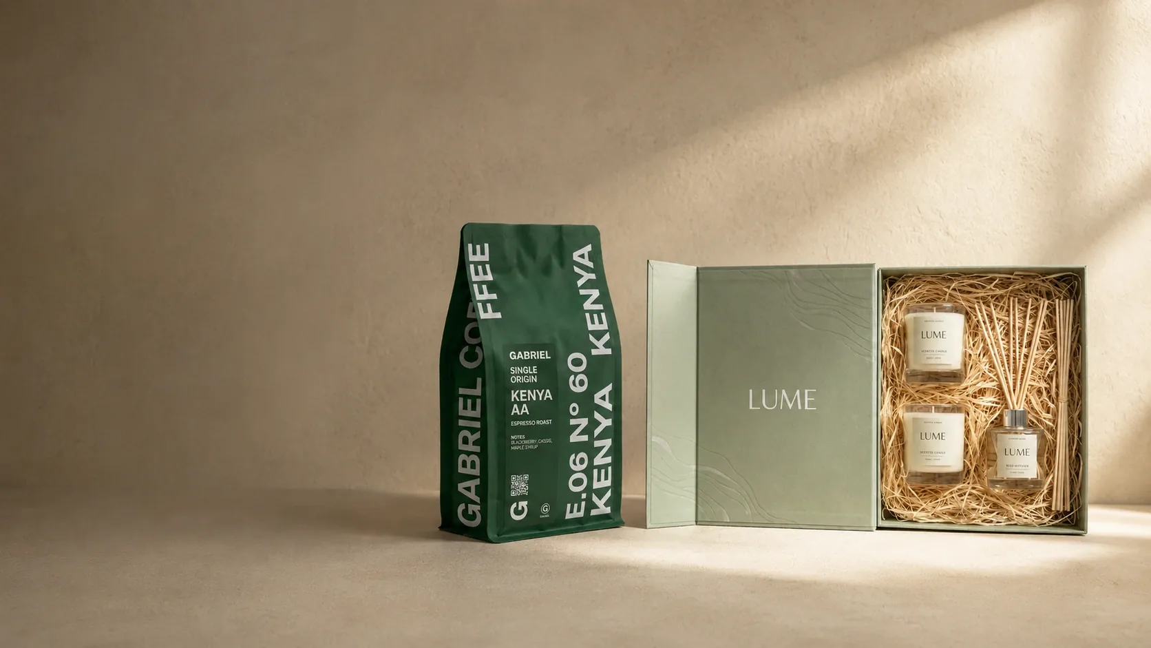 Custom packaging hero with coffee bag, paper box, and gift set