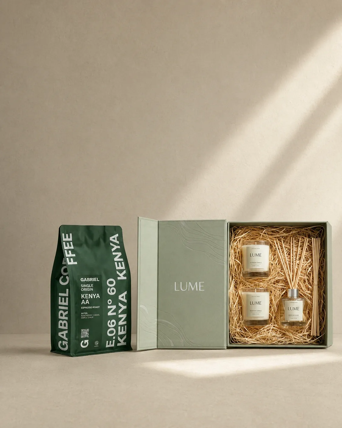 Mobile custom packaging hero with gift boxes and coffee bag